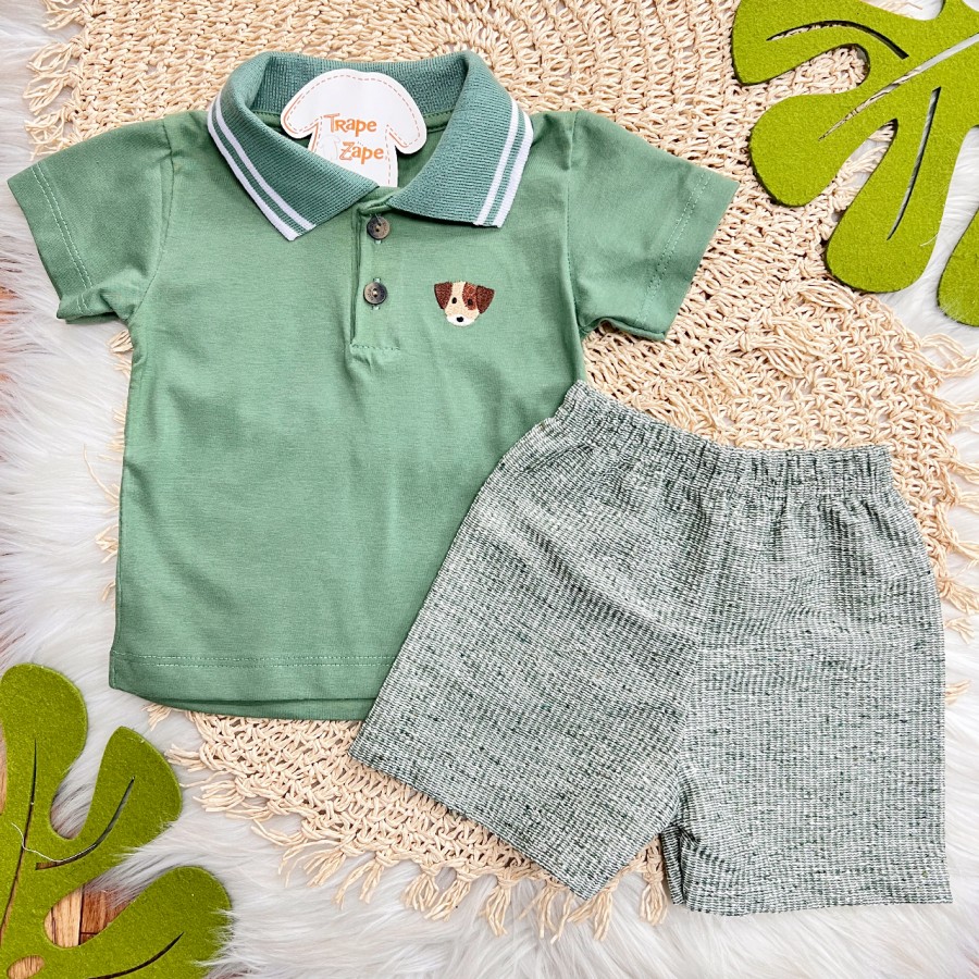 Conj. Camisa Gola Polo Cachorrinho e Bermuda em Linho - Verde